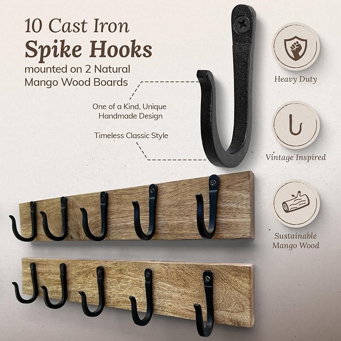 Cast Iron Spike Hooks Mounted on Two Natural Hardwood Boards Decorative - Image 4