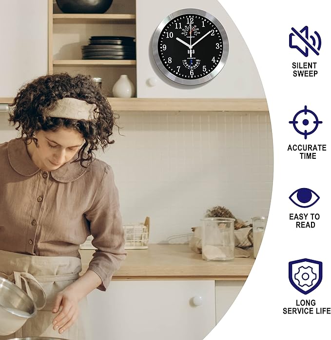HITO 10 Inch Silent Wall Clock Battery Operated Non Ticking Glass Cover Silver - Image 3