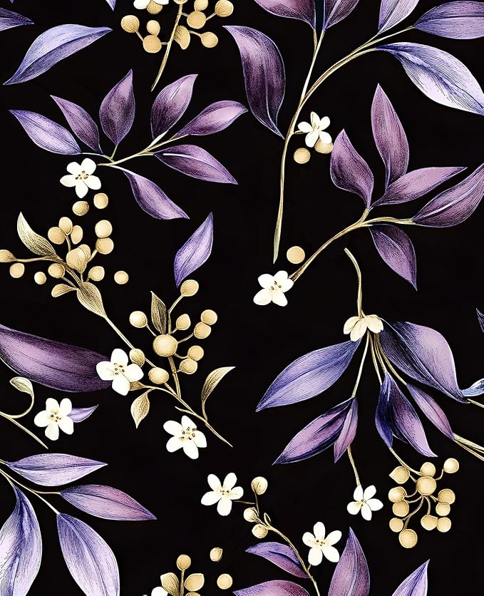 Extra Long Vintage Purple Leaves Wallpaper, 17.5In x 393In Black Botanical by VOLEAARWALLPAPER