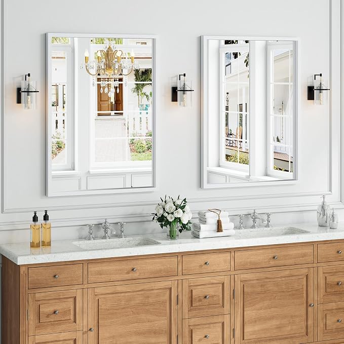 Syndra White Wood Frame Bathroom Mirror, Waterproof Slim Deep Frame, - Image 2