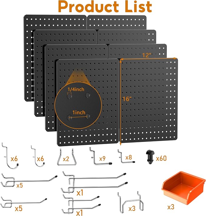 Peg Board, 8 Pack Black Peg Board Panels, 60lbs Load Capacity Each, Pegboard - Image 2