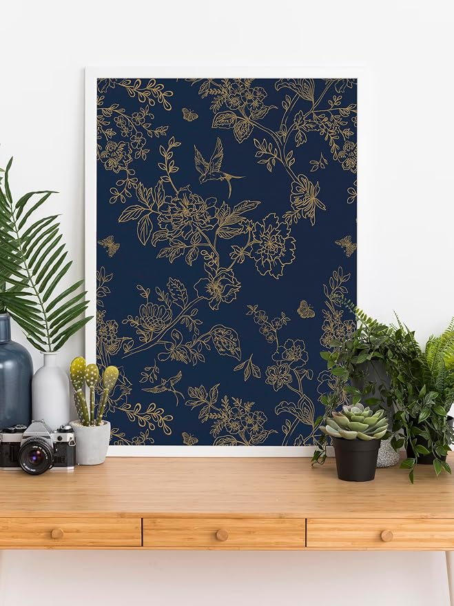 Froluya Dark Blue and Gold Vintage Floral Peel and Stick Wallpaper 17.7"x196.8" - Image 8