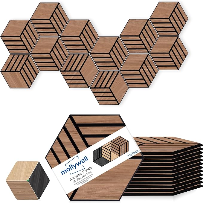 Mollywell Acoustic Panels, PVC Wood-Grain, 14x12 Inch Hexagon Carved Sound by Mollywell