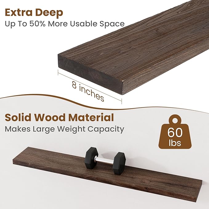 Floating Shelves for Wall Decor, 8 Inch Deep Rustic Solid Elm Wood Floating - Image 5