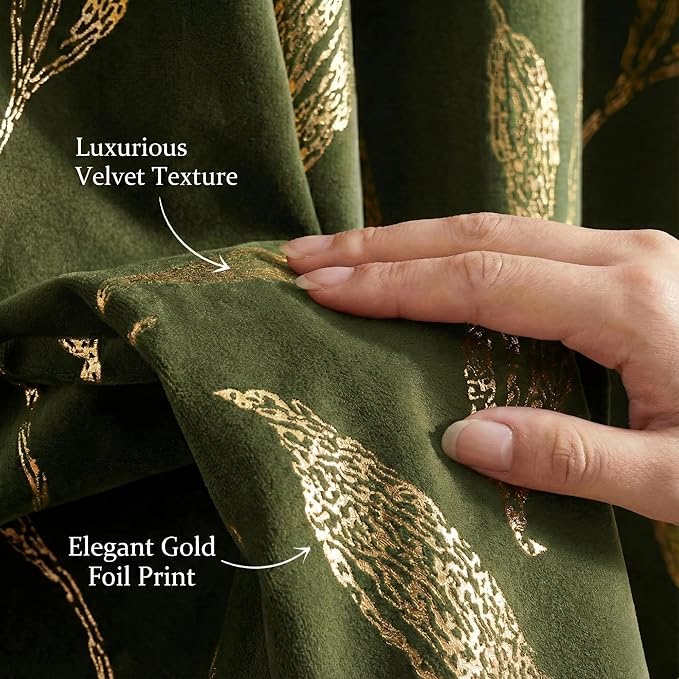 NICETOWN Leaf Patterned Green Velvet Curtains 96 inches Long 2 Panels Gold Foil - Image 5