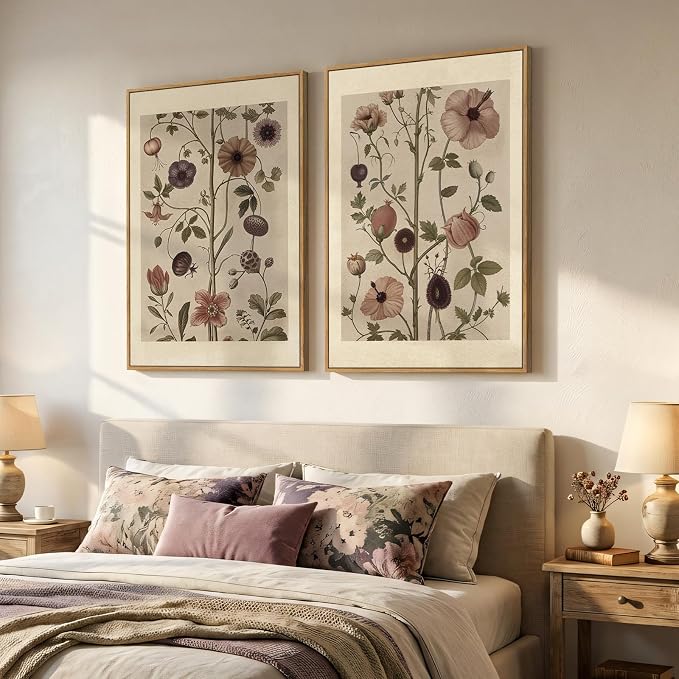 Large Framed Vintage Botanical Wall Art Set of 2, Neutral Antique Floral Canvas - Image 2