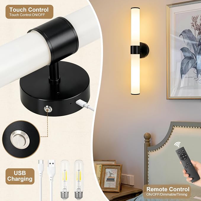 Morauroral Black Battery Operated Wall Sconces Set of 2, Rechargeable Wall - Image 7
