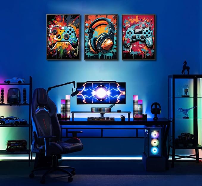3Pcs Framed Cool Gaming Wall Art Retro Video Gamer watercolor Posters Pictures - Image 6