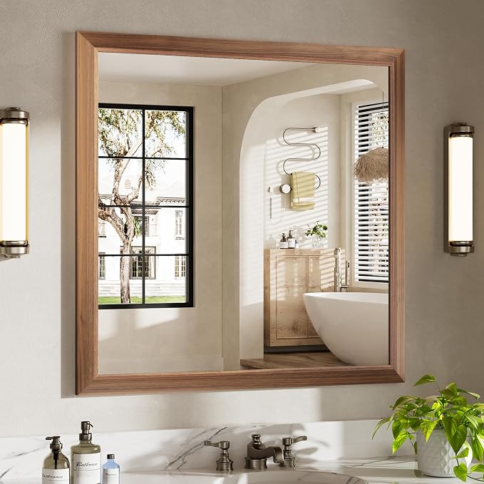 36x36 Inch Bathroom Mirror for Wall, Anti-Rust Walnut Wood Grain Metal Framed by Briivuemodernmirrors
