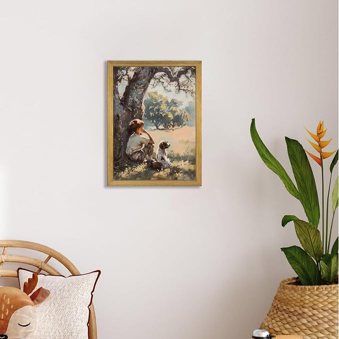Wood Framed Canvas Wall Art, Vintage Boy and Dog Painting Poster, Countryside - Image 7