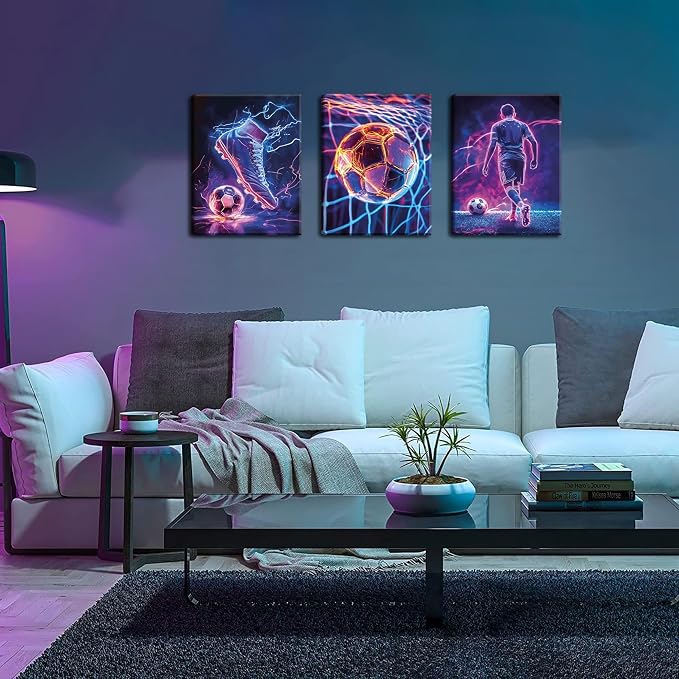 Cool Soccer Gaming Wall Art Set of 3, Neon Video Gamer Canvas Pictures - Image 2