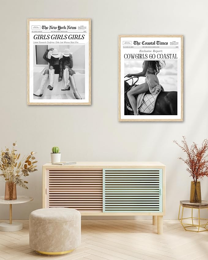 iHery Unframed Trendy Coastal Cowgirl NewsPaper Wall Art Prints, 12x16in Black - Image 6