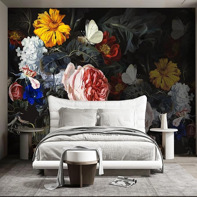 Vintage Black Flowers Mural Bedroom Peony Floral Wallpaper Room Decor Living - Image 2