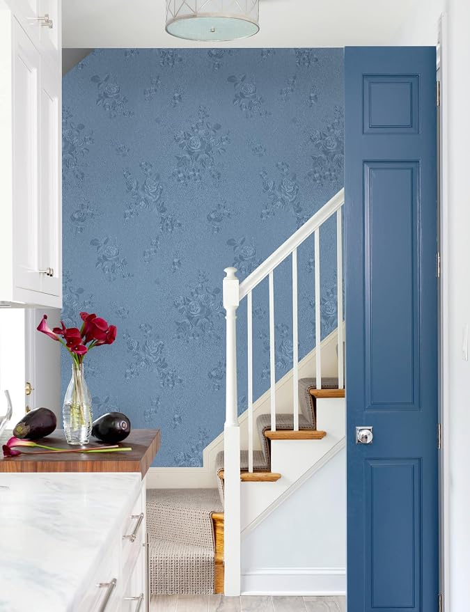 Erfoni 394"x17.7" Grey Blue Floral Embossed Wallpaper - Image 4