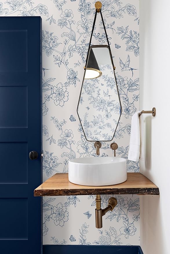 Froluya Cream White and Blue Floral Wallpaper Peel and Stick Wallpaper - Image 7