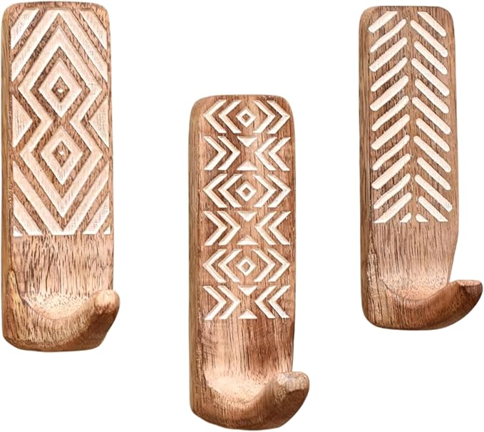 Indian Shelf 10 LB Decorative Wood Adhesive Wall Hooks–Boho Peel and Stick Hooks by IndianShelf