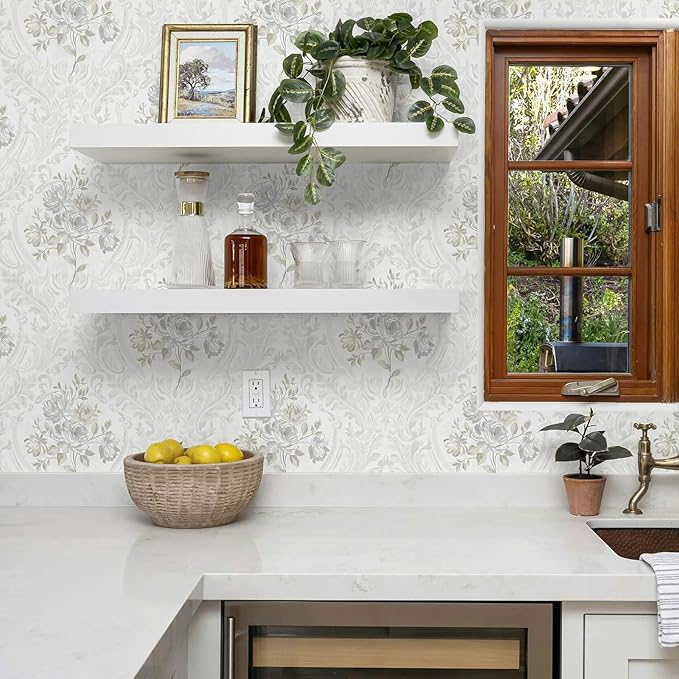 Ismoon Floral Peel and Stick Wallpaper Vintage White and Grey Contact Paper - Image 2