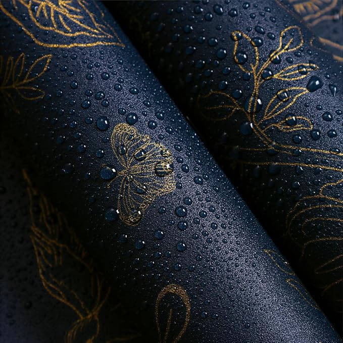 Froluya Dark Blue and Gold Vintage Floral Peel and Stick Wallpaper 17.7"x393.7" - Image 4