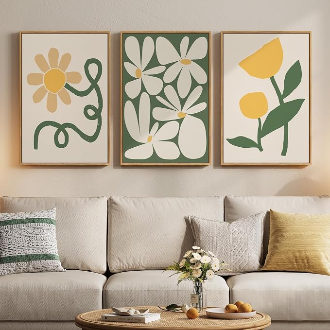 Framed Boho Abstract Wall Art Bedroom, 3 Piece Green and Yellow Mid Century by Cuspin
