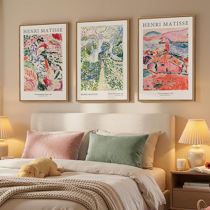 Framed Abstract Matisse Wall Art Set of 3, Vintage Colorful Landscape Canvas - Image 2