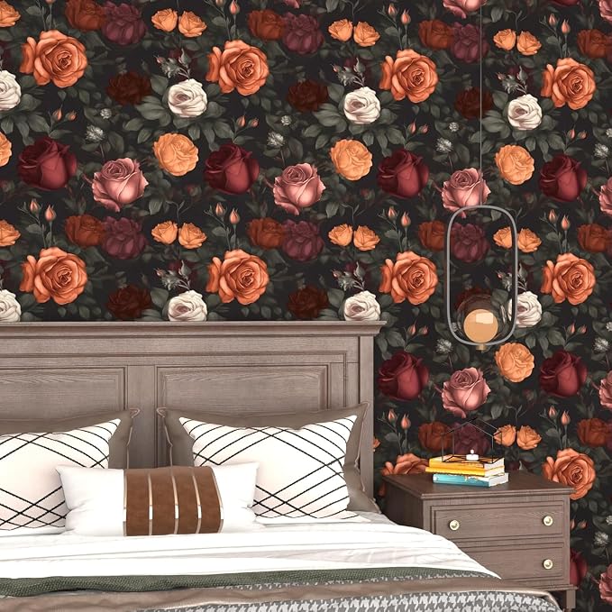 Laatse Dark Floral Peel and Stick Wallpaper Vintage Orange/Red Floral Contact - Image 4