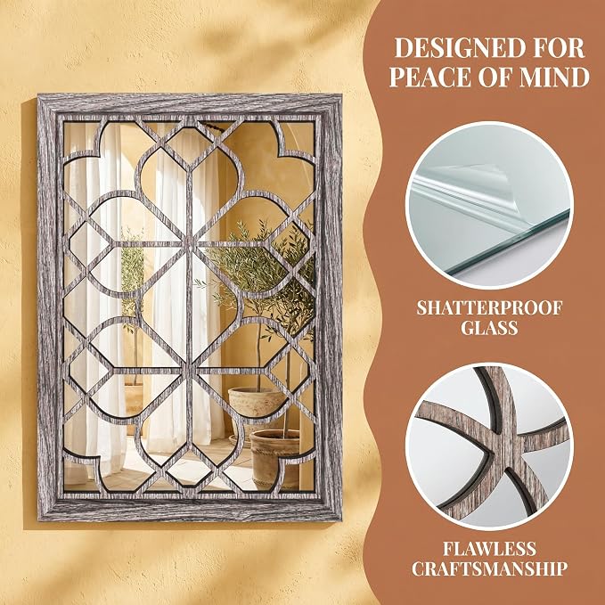 Set of 2 19x26 Inch Large Brown Shatterproof Rectangular Wall Mirrors, Boho - Image 4