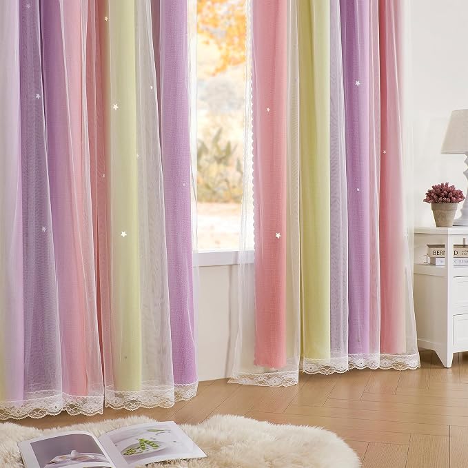 XiDi Curtains for Bedroom Decor, Rainbow Pink PurpleYellow34/96/1 - Image 4