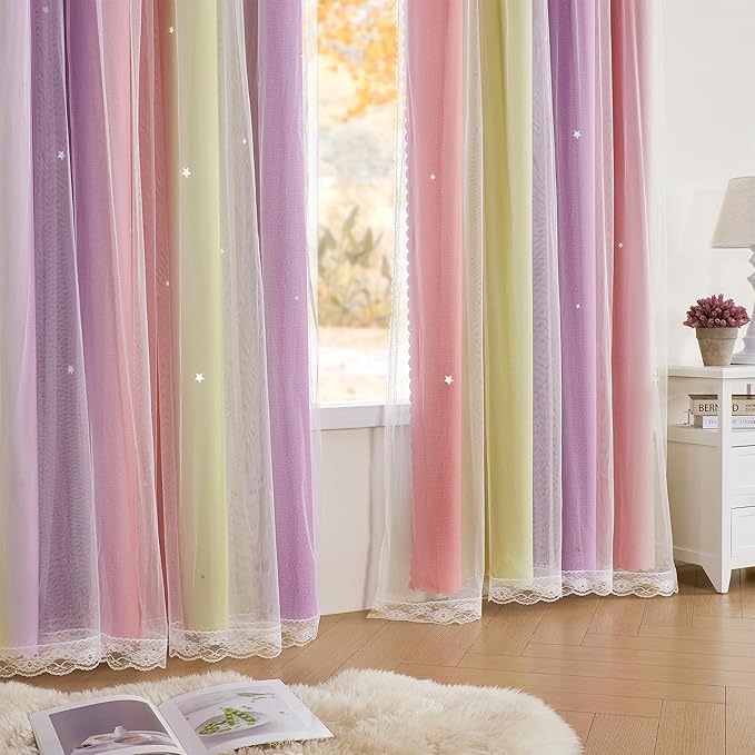 XiDi Curtains for Bedroom Decor, Rainbow Pink PurpleYellow52/45/1 - Image 3
