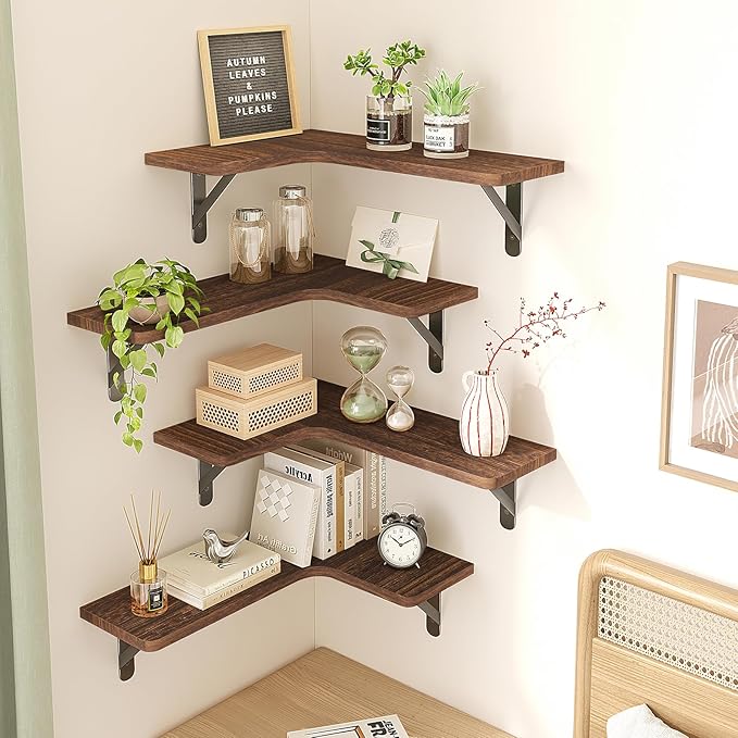 Fixwal Corner Floating Shelves for Wall Set of 5, Rustic Wood Wall Mounted - Image 2