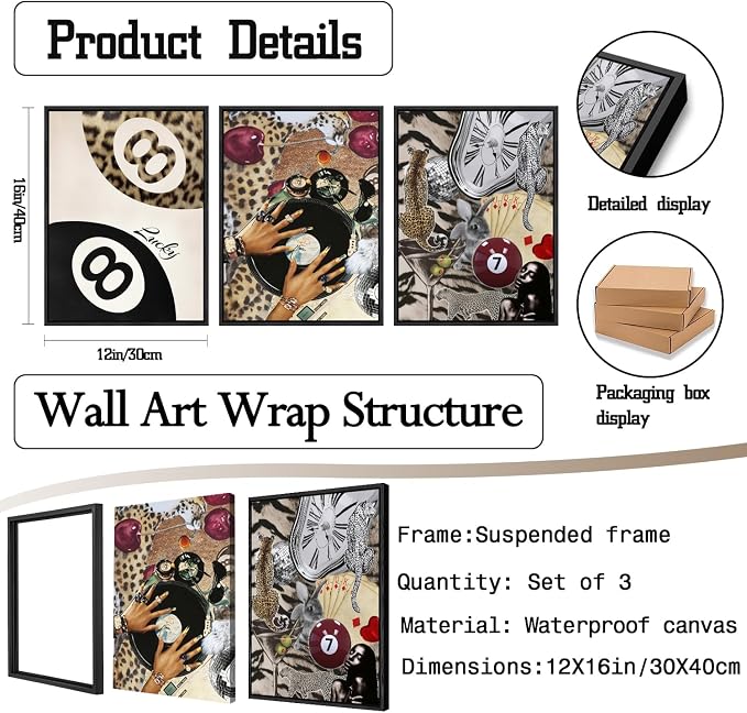 Fashion Cheetah Wall Art Set of 3 Leopard Wall Decor Pictures Lucky 8 Ball - Image 3