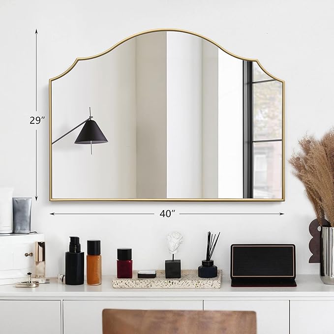 Besdomus Gold Scalloped Wall Mirror: 40"x29" Large Modern Minimalist Bathroom - Image 4