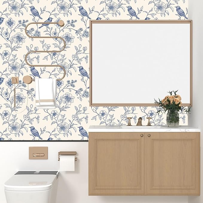 Beige Wallpaper Peel and Stick Blue Floral Bird Vintage Contact Paper 17.5" x - Image 4