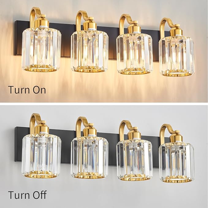 4 Light Crystal Vanity Lights for Bathroom, Modern Matte Black and Gold Wall - Image 4