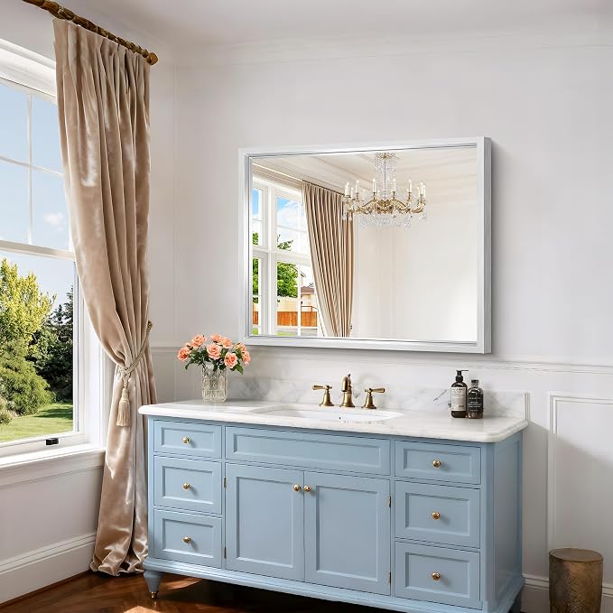 36x30 Silver Bathroom Mirror, Brushed Silver Rectangular Mirror - Image 4