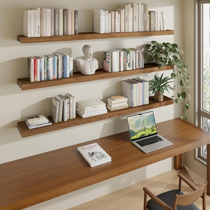 ROGMARS 60Inches Long Walnut Floating Shelves, Rustic Solid Wood Farmhouse Wall - Image 3