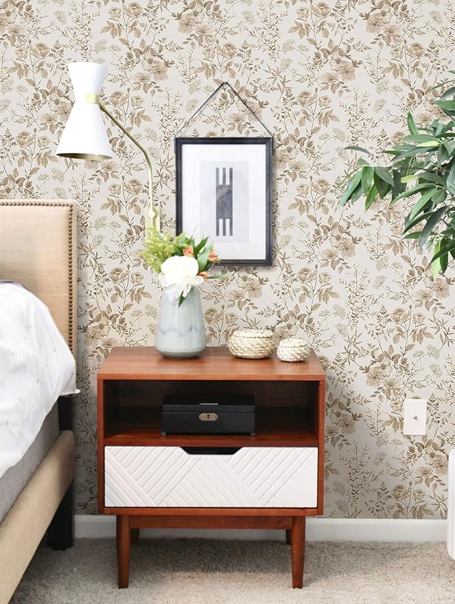 Erfoni 16.9" x118" Boho Floral Peel and Stick Wallpaper Beige Flower and Leaf - Image 2