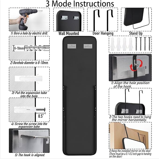 SCWF-GZ 57x16 Door Hanging Full Length Mirror, Floor Stand Wall Mounted Metal - Image 7