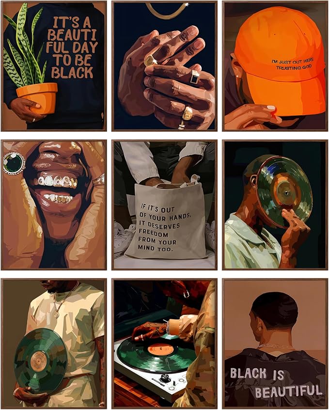 Black Culture Wall Art Set of 9, Living Room, Neutral Color Home Decor by Unknown