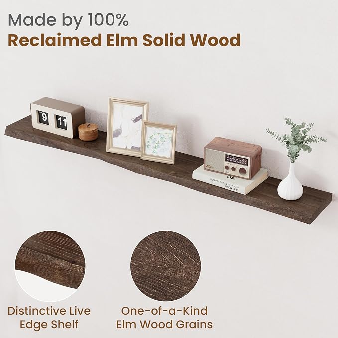 FLYJOE Floating Shelves for Wall Decor, Rustic Solid Elm Wood Live Edge - Image 3