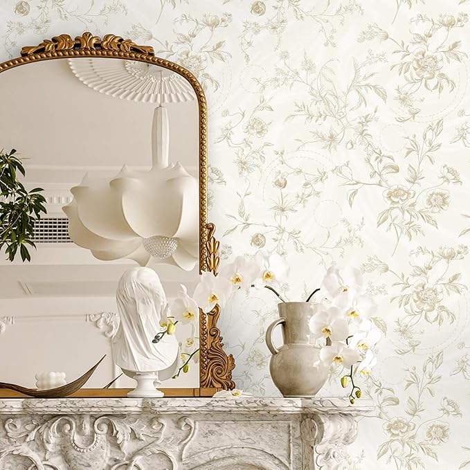 Ismoon Peel and Stick Wallpaper Floral Vintage Stick on Wall Paper Beige French - Image 3