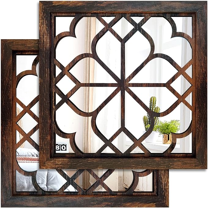 Wocred 2 PCS Square Wall Mirror, Gorgeous Rustic Farmhouse Accent Mirror by Wocred