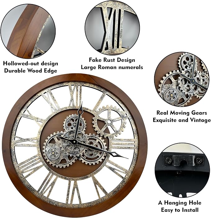 The B-Style Large Wall Clock 24 inch Moving Gear Wall Clock Oversized Vintage - Image 3