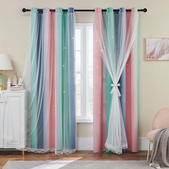 XiDi Pink Grey Curtains for Girls Bedroom, Unicorn Wall Decals Green Curtain by Addsomecolortolife