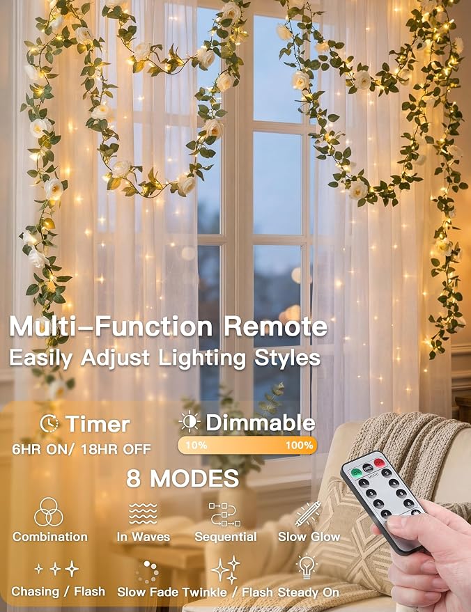 suddus Flower Garland with White Camellia Fairy Lights Indoor, 60 LED Vines - Image 2