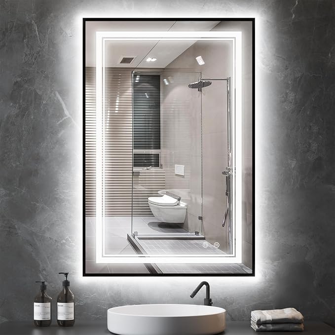 LED Bathroom Mirror with Front and Backlit 24"x36", Wall Mounted, Dual LED by OUMUSUMIRROR