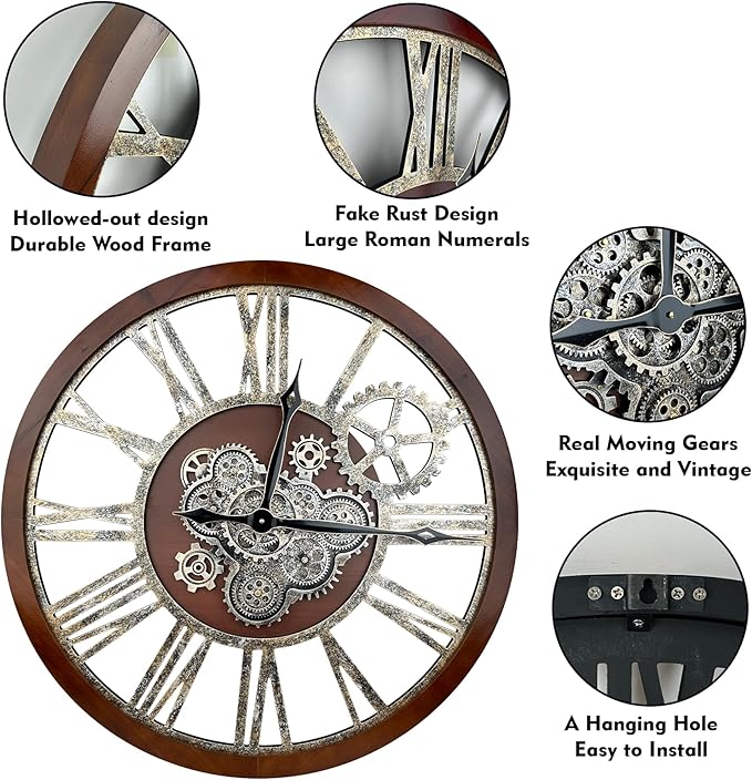 The B-Style Large Real Moving Gears Wall Clock 30 inch Rustic Retro Industrial - Image 3