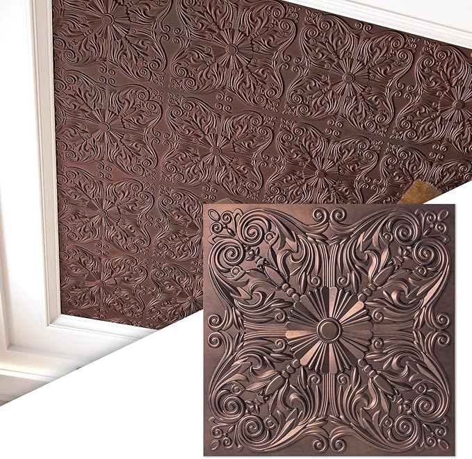 Art3d 12-Pack PVC Drop Ceiling Tiles, 2ft x 2ft, Floral Rose Copper by Art3d