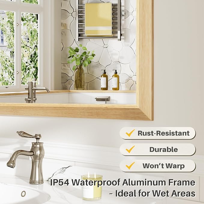 40x30 Inch Bathroom Mirror for Wall, Anti-Rust Oak Wood Grain Metal Framed - Image 4