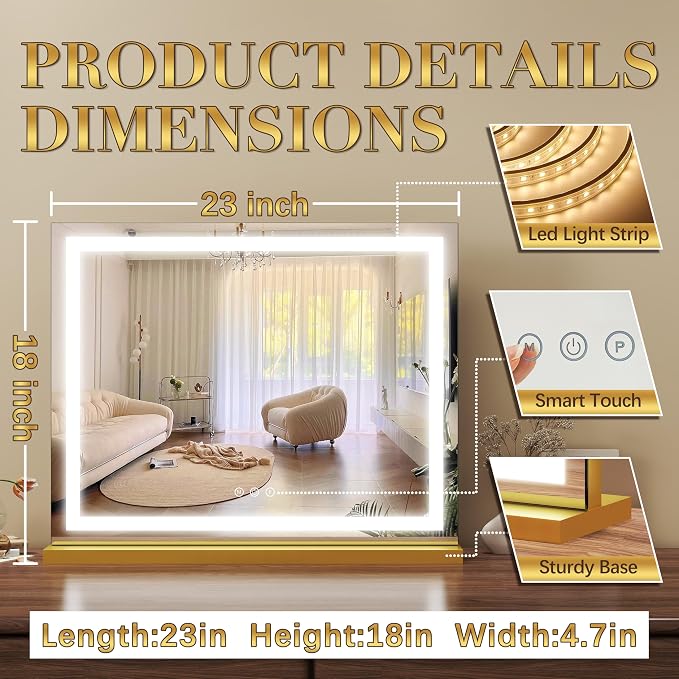 ROLOVE Gold Vanity Mirror with Lights 23x18 Inch, 3-Color Dimmable LED & Touch - Image 2