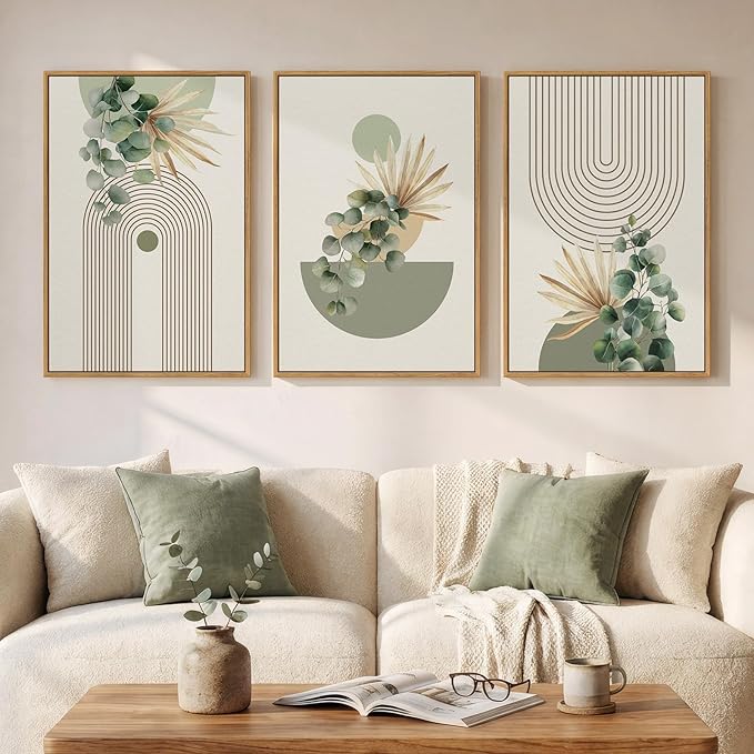 Framed Green Boho Wall Art for Living Room, 3 Piece Bohemian Botanical Canvas by Cuspin